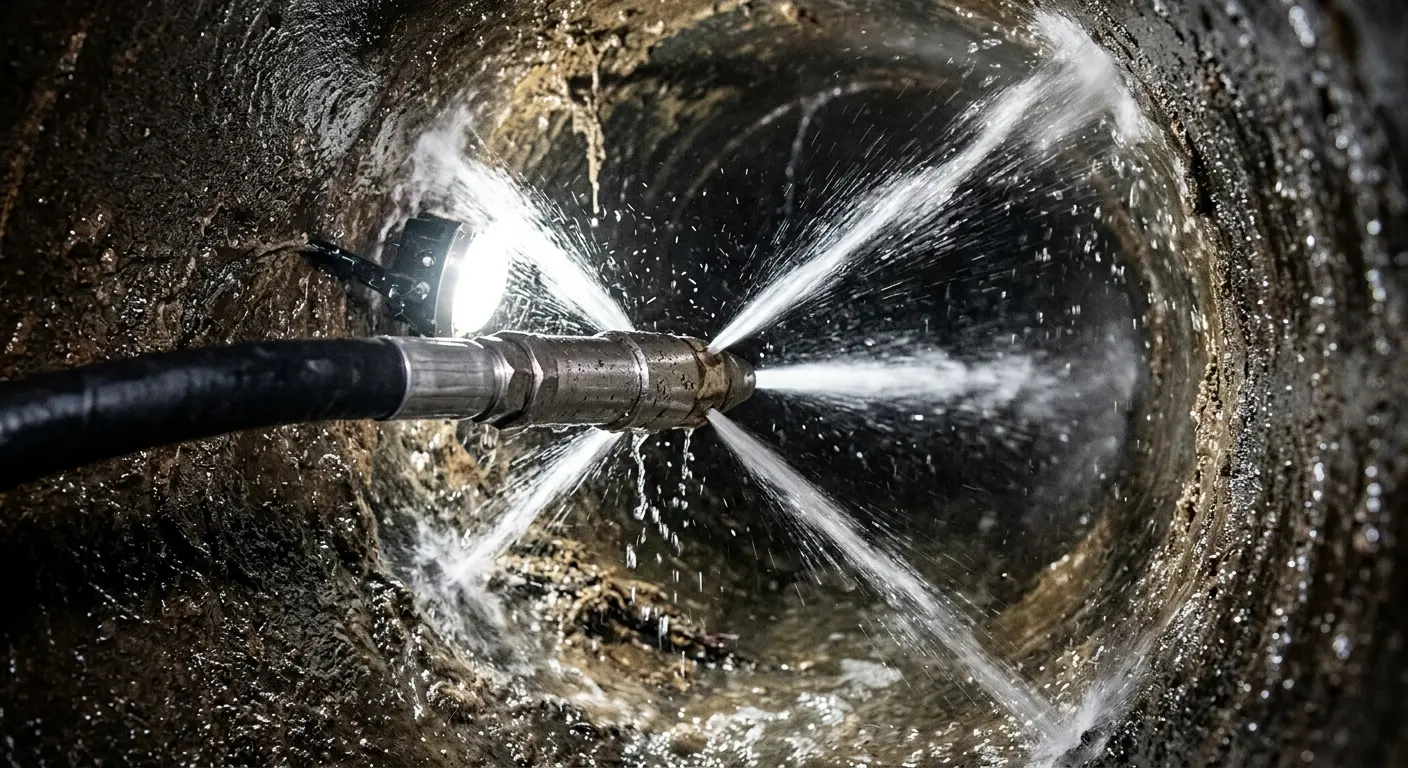High-pressure hydro jetting nozzle cleaning sewer pipe for Sewer Cleanout in Fairfield