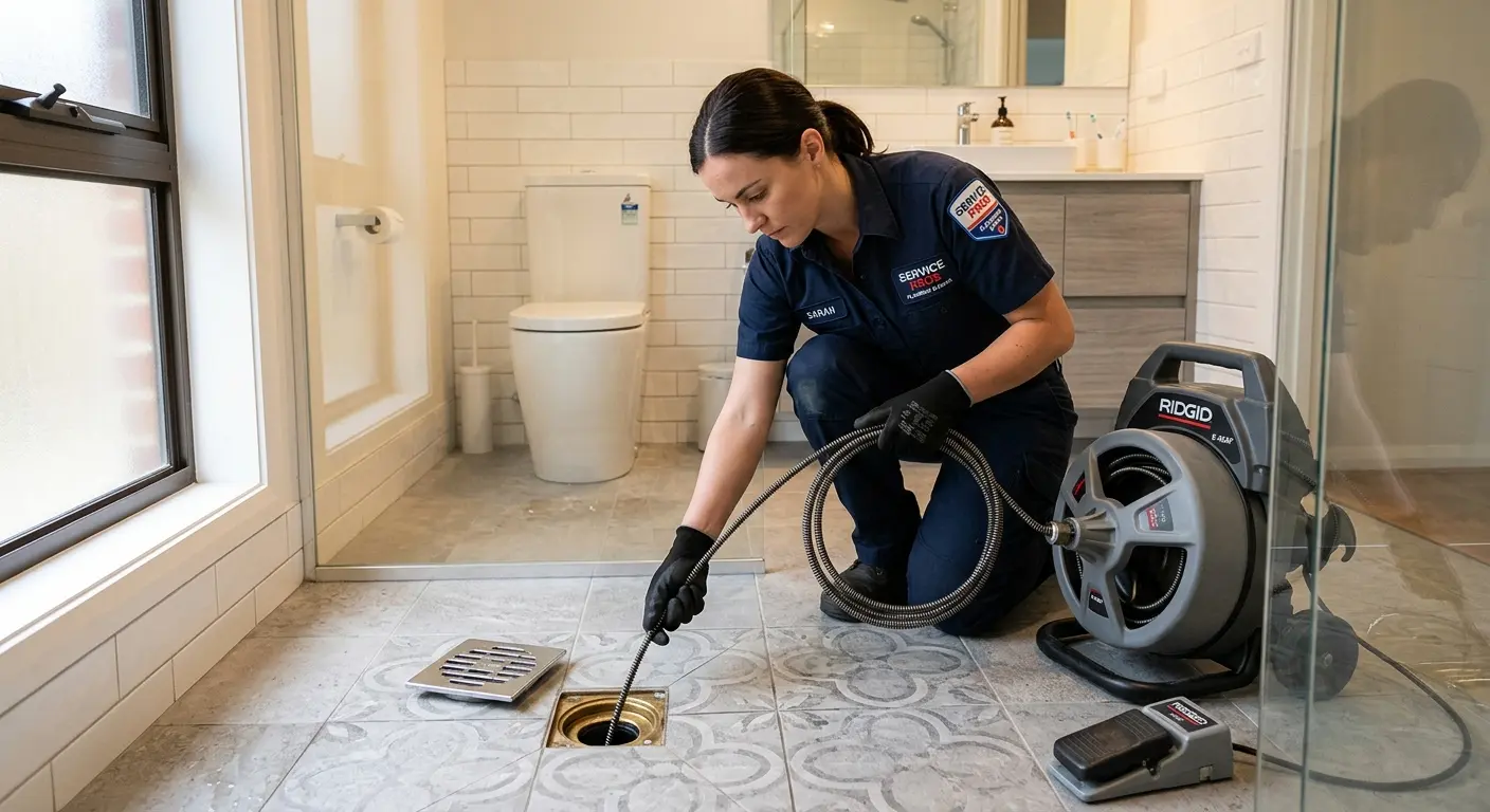 Technician clearing a bathroom floor drain for Clogged Drain Repair in Fairfield
